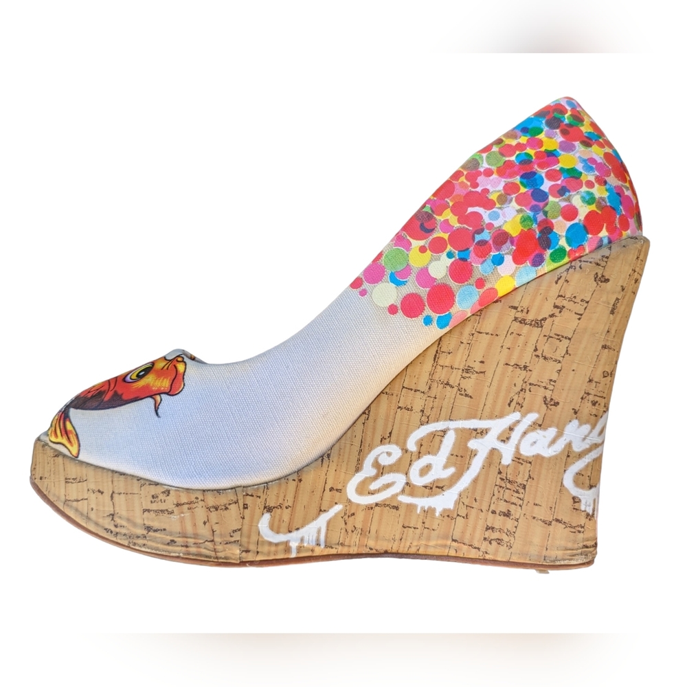 Vintage 2000's Ed Hardy Cork Wedges with Colorful Koi Fish and Geisha Size 8 US